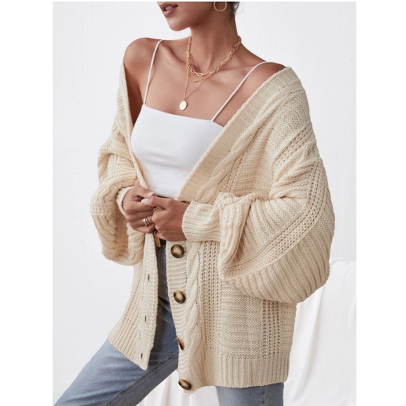 Beige Cable Knit Oversized Cardigan Bishop Sleeves Button Front - Picture 5 of 6